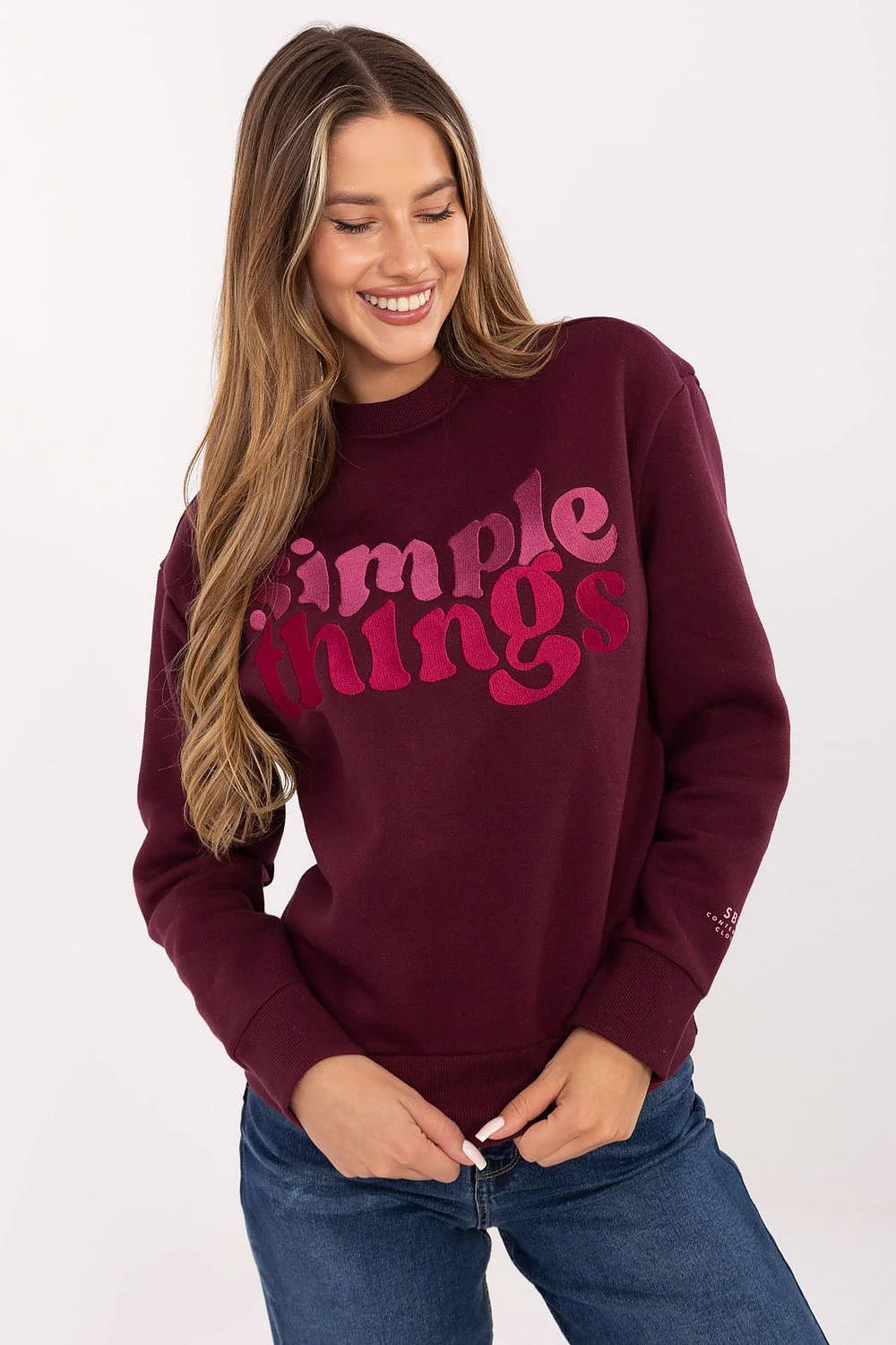 sweatshirt femme bordeaux molleton coton doux confortable coupe droite col rond manches longues bordcôtes poignets ourlet lettrage sérigraphié fuchsia rétro