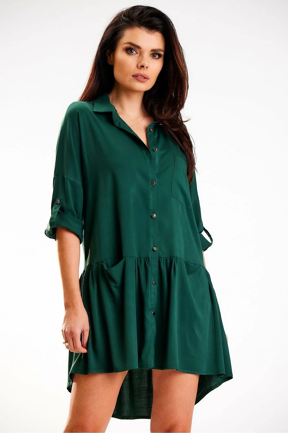 Robe chemise femme élégante décontractée manches trois-quarts poches latérales vert foncé viscose polyester Poland