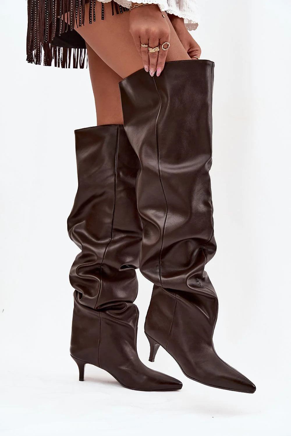 cuissardes femme simili cuir marron foncé tige large slouchy mi cuisse pointe pointue talon kitten 6cm confortable rétro élégant