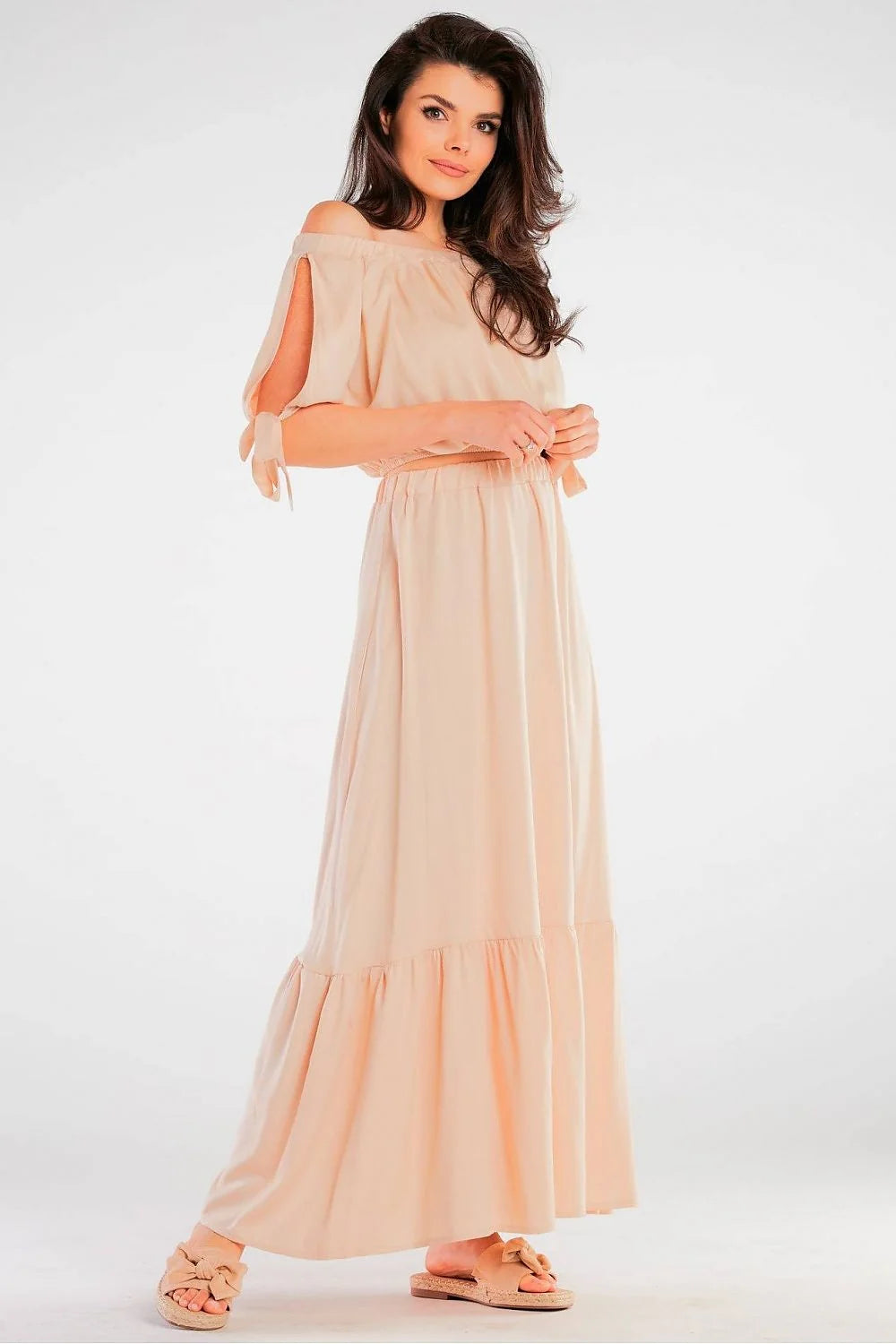 chemisier awama espagnol manches nouées beige nude viscose élasthanne bohème fluide ample épaules dénudées taille smockée jupe volant maxi
