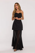 robe soirée bustier noire jacquard superposée mousseline longue transparente col coeur sans bretelles taille cintrée élastique dos élégante