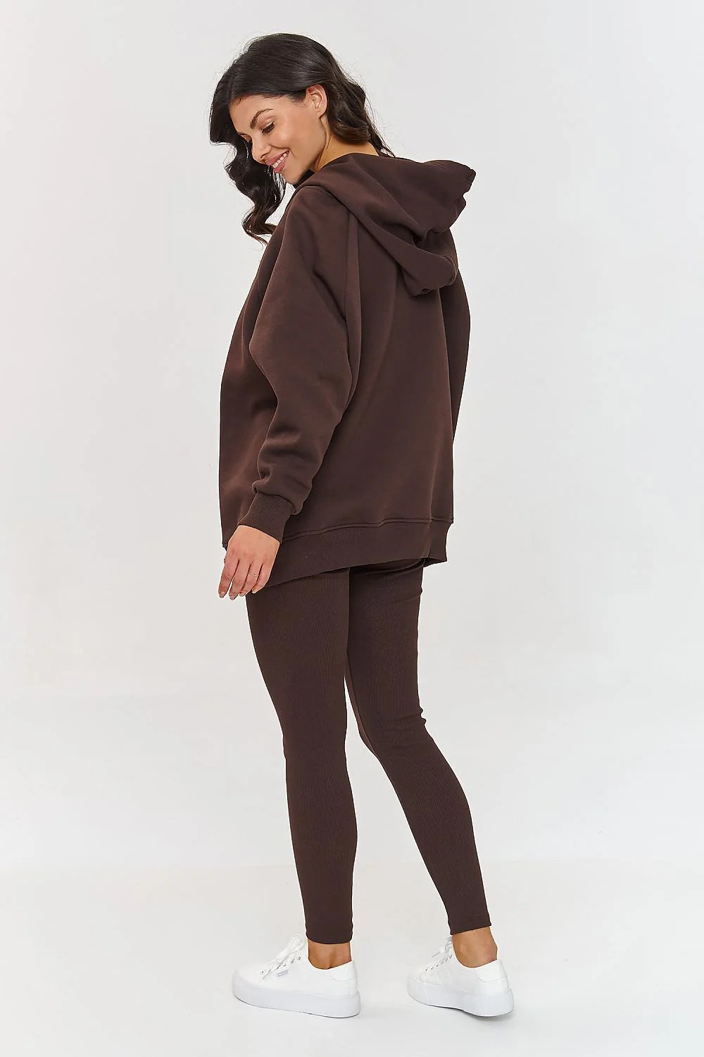 Ensemble Makadamia pour femmes 3-en-1 style casual modern sweatshirt capuche leggings coton marron chocolat