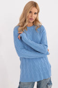 Pull femmes style casual motif torsadé manches longues col rond côtelé couleur bleu pastel matériau mélange viscose nylon PBT