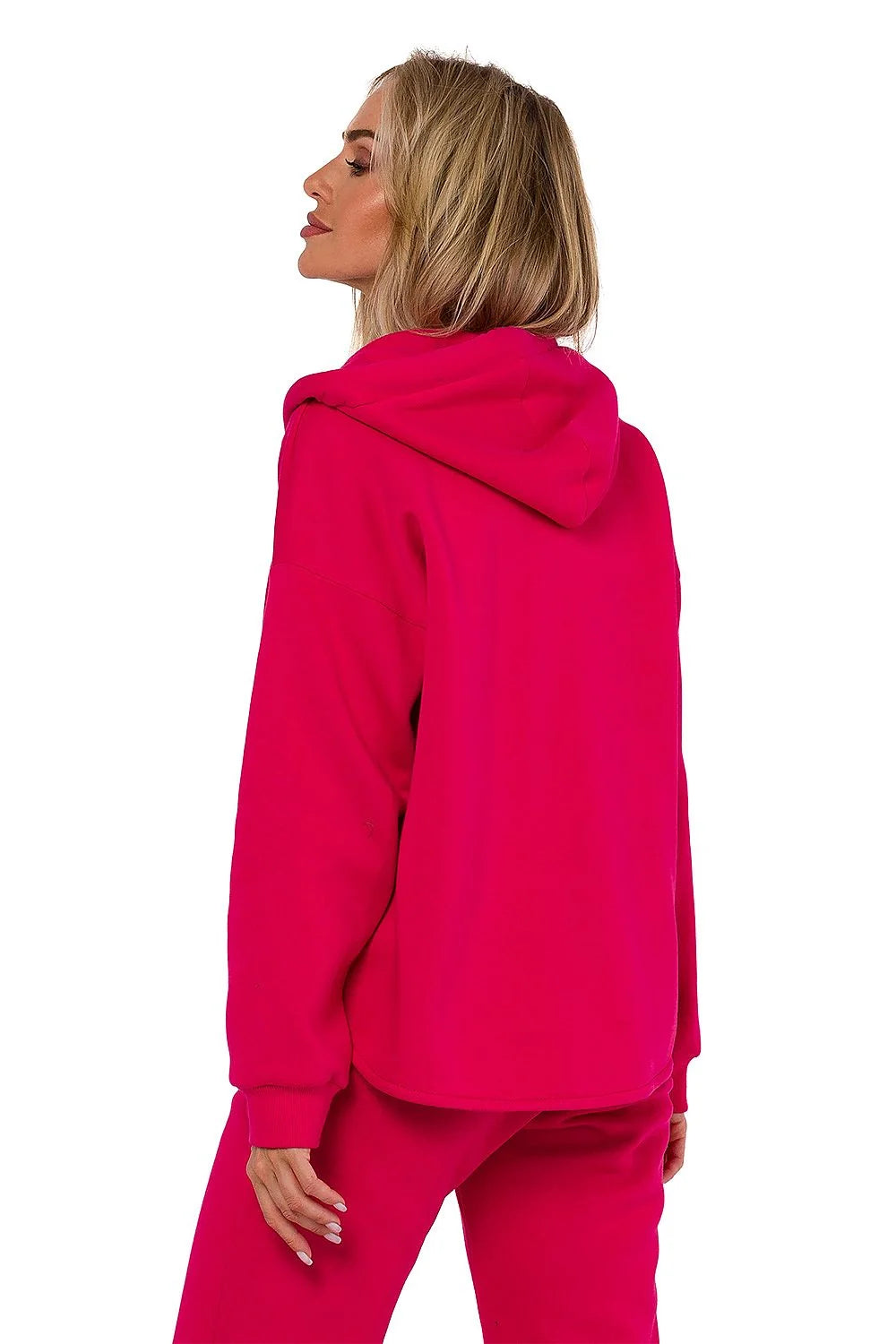 Ensemble survêtement femme décontracté fuchsia vif sweat à capuche pantalon taille élastique poches latérales fermeture éclair noire matériau doux coton polyester