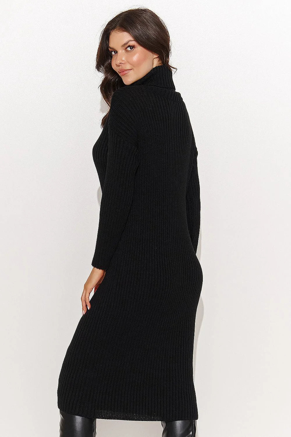Robe pull longue élégante pour femme automne-hiver col roulé manches longues coupe droite tissu maille côtelé couleur classique