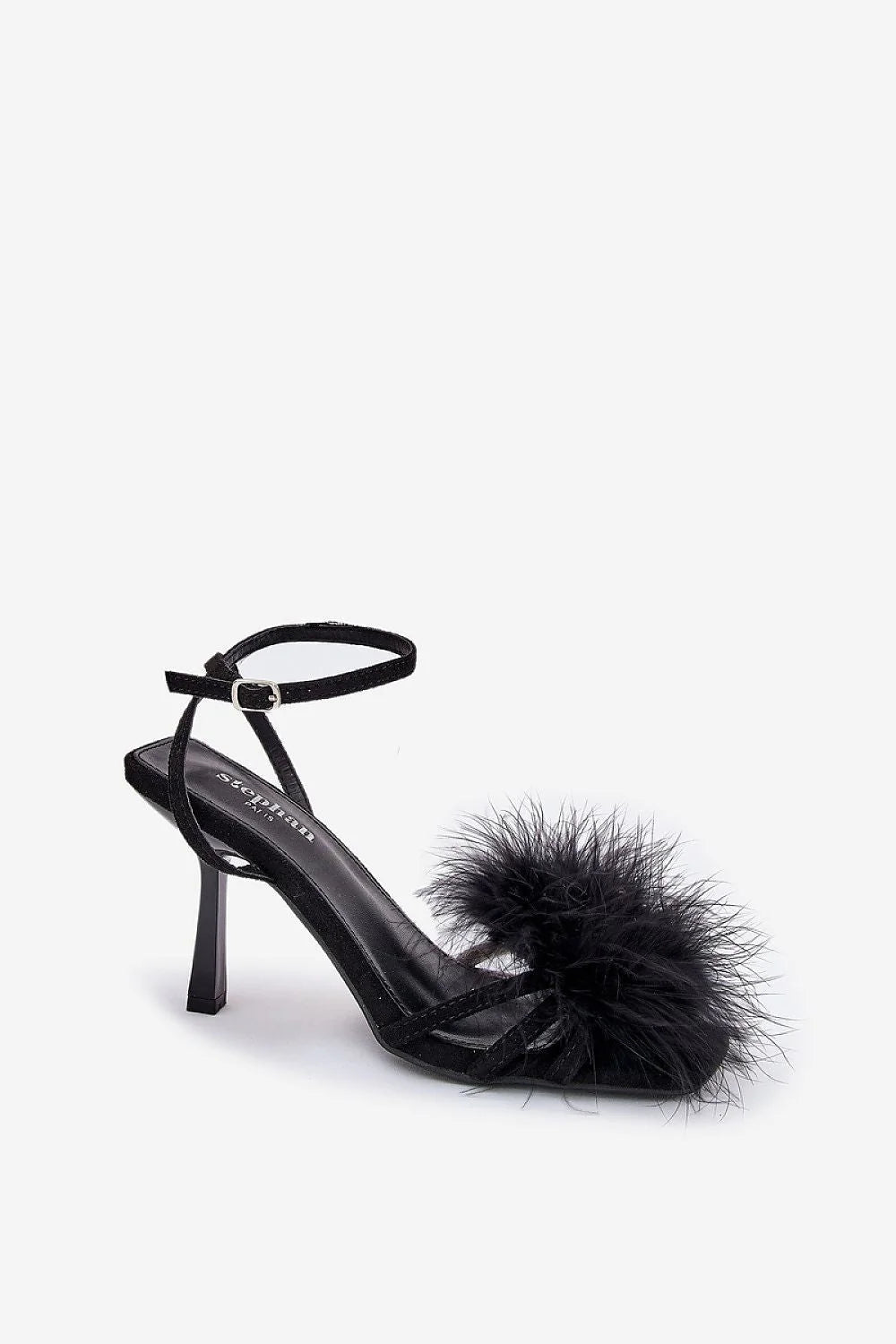 Sandales à talons hauts élégantes pour femmes style soirée plumes noires strap argentée cuir suédé éco occasion spéciale