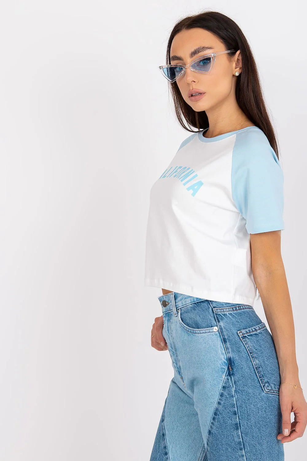 T-shirt femme décontracté style raglan manches courtes couleur blanc jaune inscription california coton spandex