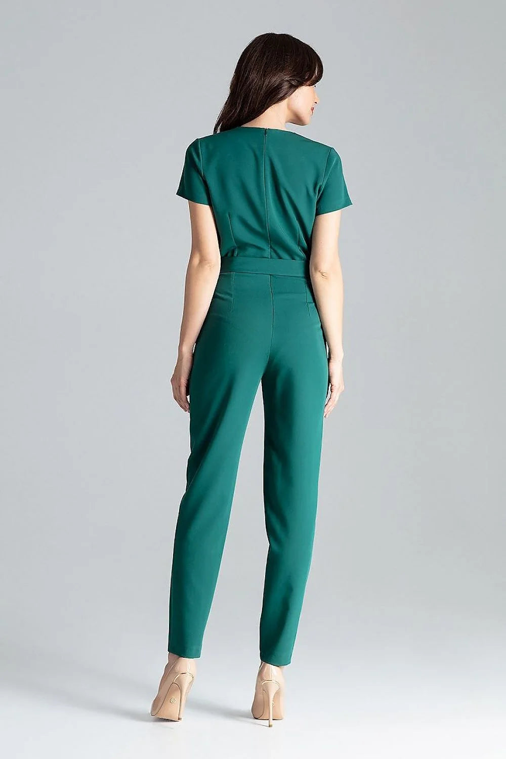 Combinaison Lenitif élégante pour femme design moderne cache-cœur manches courtes ceinture intégrée vert profond polyester viscose taille ajustable