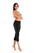 Legging court 3/4 pour femme noir coton extensible fentes latérales insertions blanches coupe ajustée taille élastiquée sport quotidien