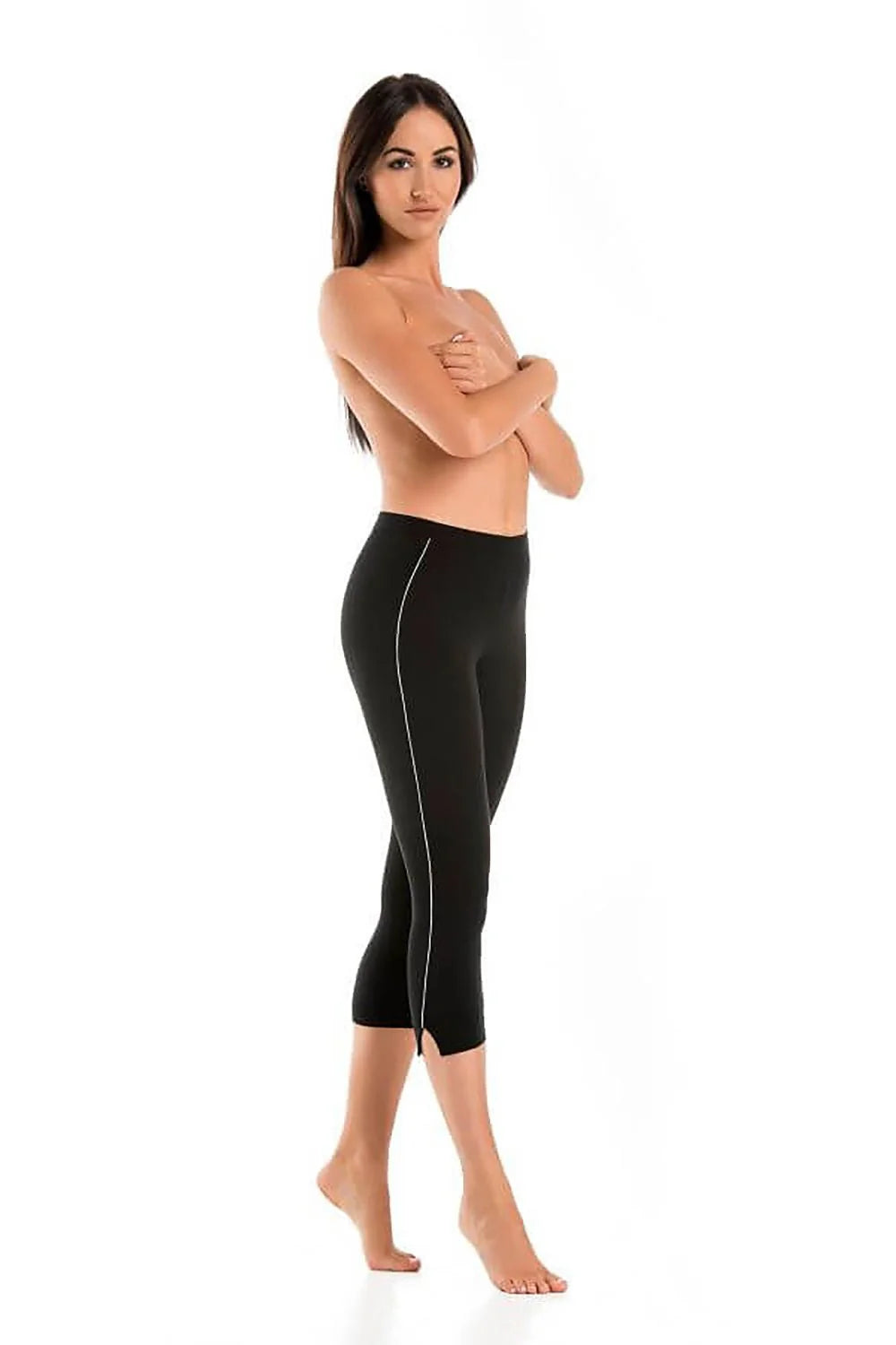 Legging court 3/4 pour femme noir coton extensible fentes latérales insertions blanches coupe ajustée taille élastiquée sport quotidien