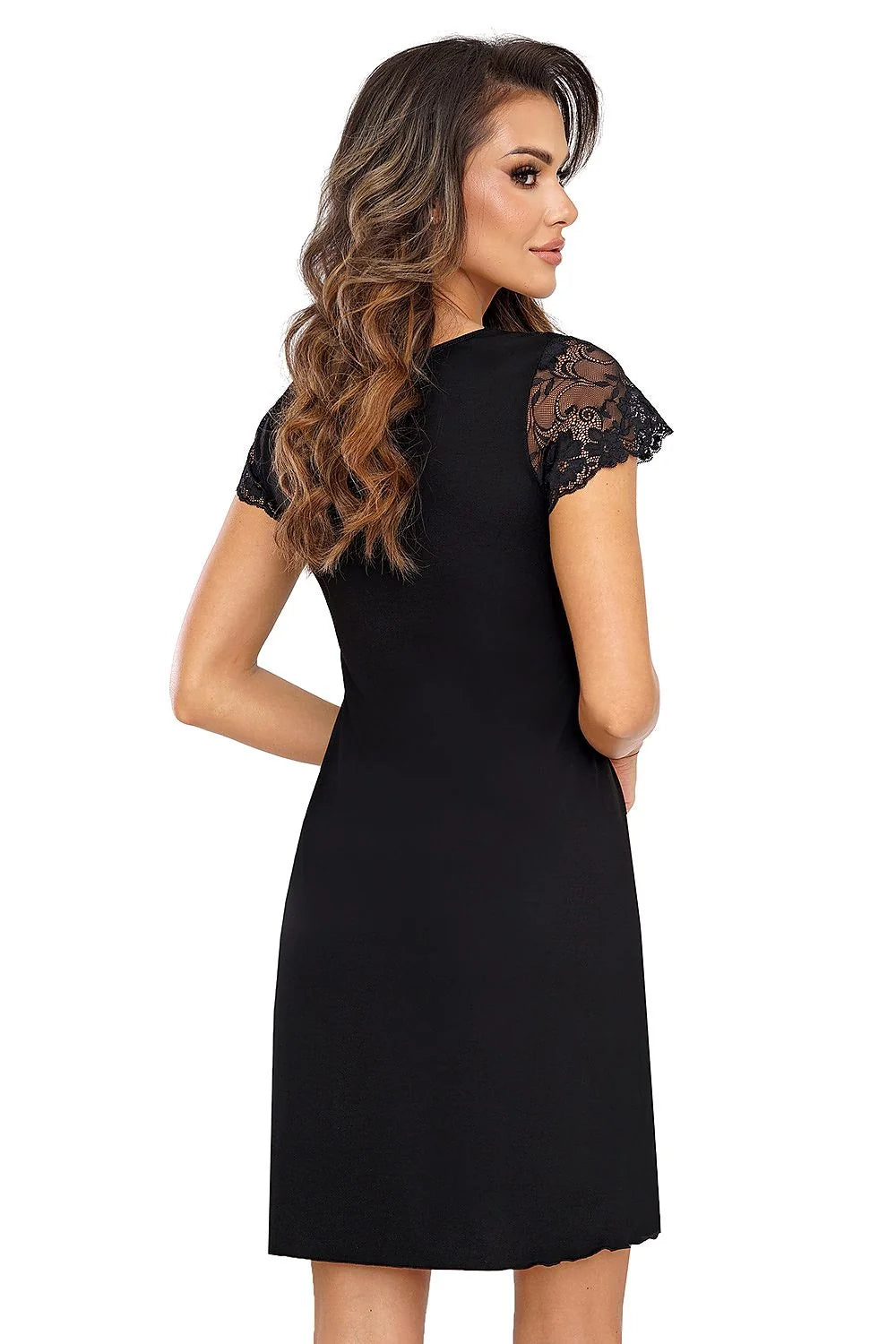 Robe de nuit élégante Donna coupe décontractée longueur au-dessus du genou dentelle noire manches courtes femmes