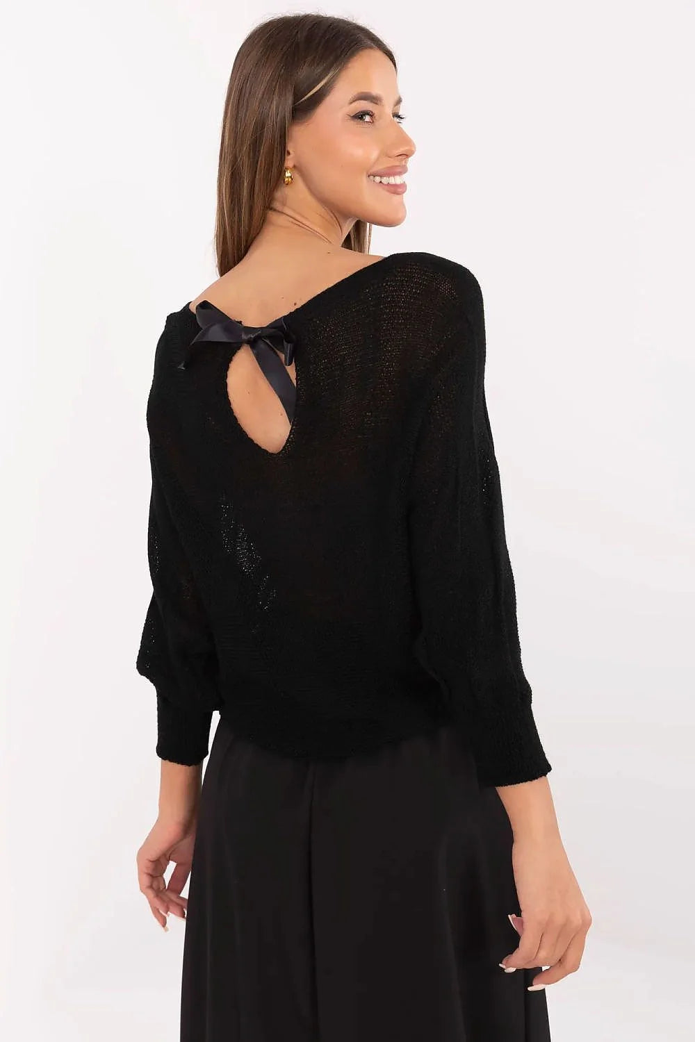 Haut et jupe Italy Moda élégant en maille noire manches longues coupe midi taille haute