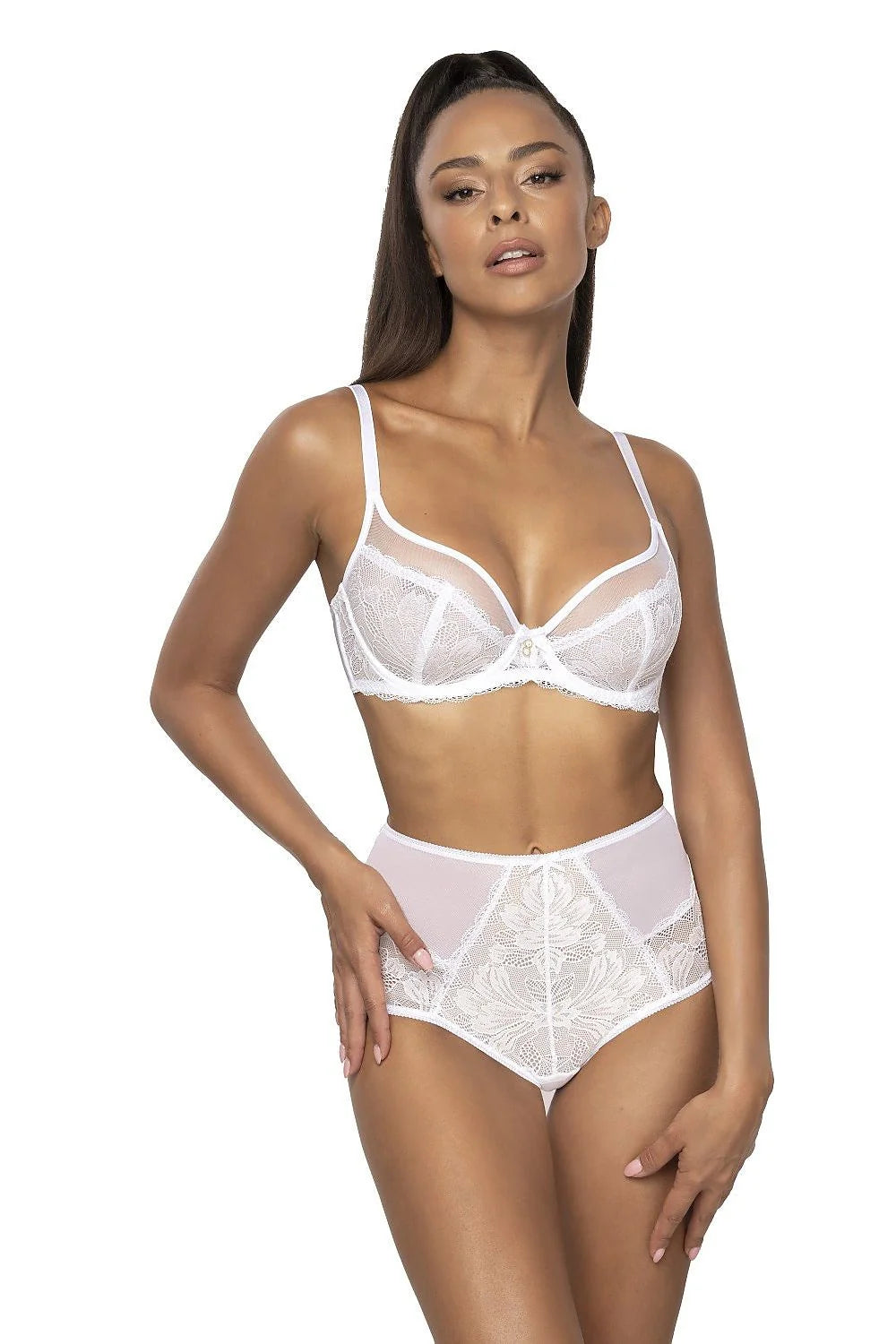Soutien-gorge féminin élégant dentelle maille blanc ajusté maintien bonnets dentelle floral brides ajustables fermeture dos femme lingerie
