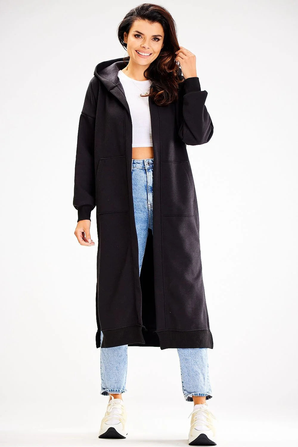 sweatshirt awama femme oversize long capuche poches plaquées coton élasthanne noir molleton épaules tombantes manches longues poignets côtelés