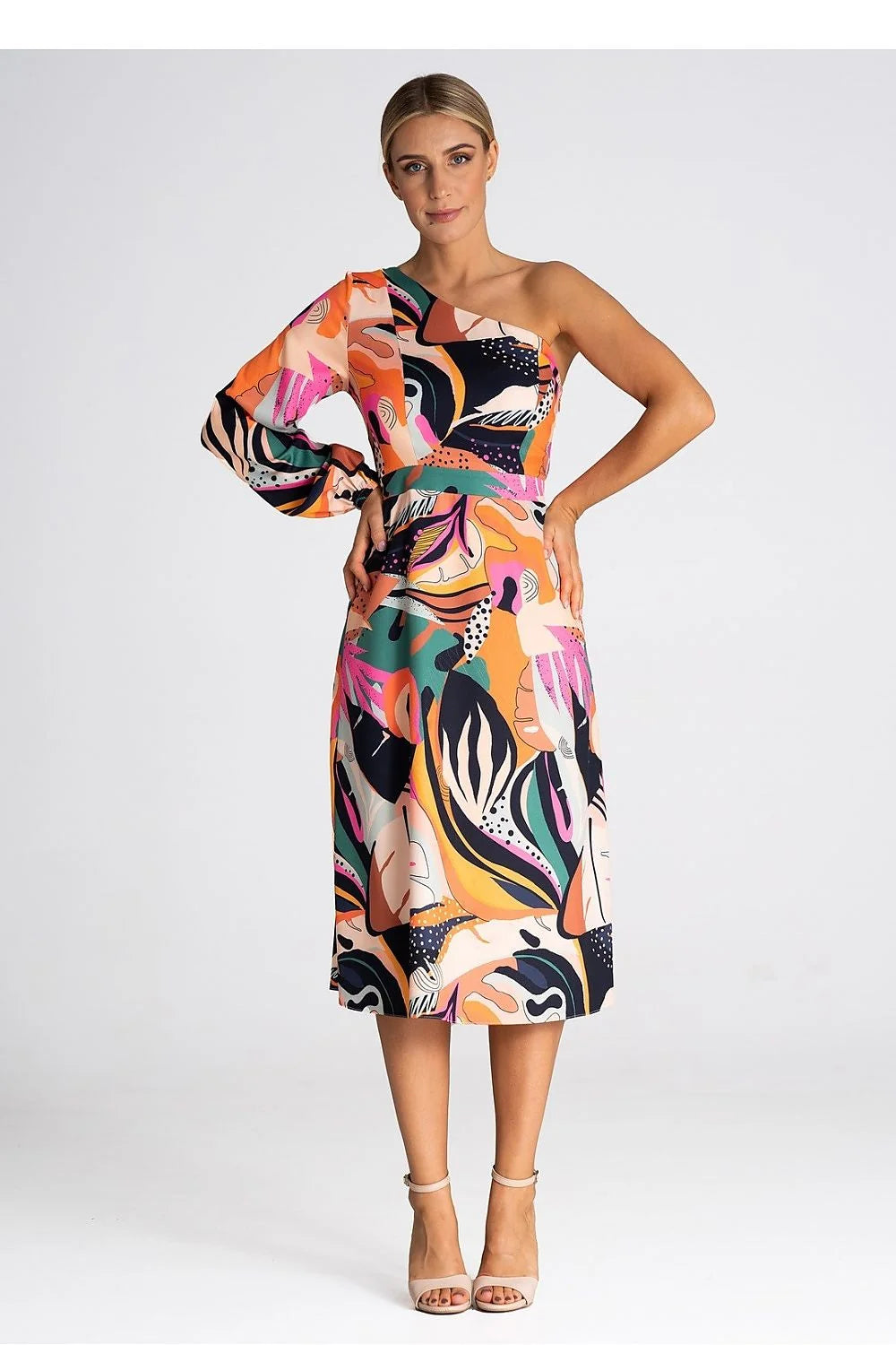 robe cocktail Figl asymétrique manche bouffante midi cintrée jupe évasée imprimé abstrait multicolore fluide polyester élasthanne vibrante artistique