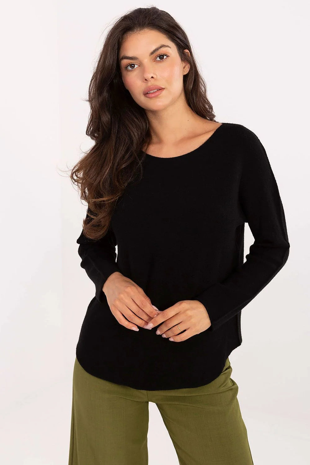 pull femme maille fine noir col rond manches longues réversible coupe droite longueur hanches ourlet arrondi lisse confortable durable