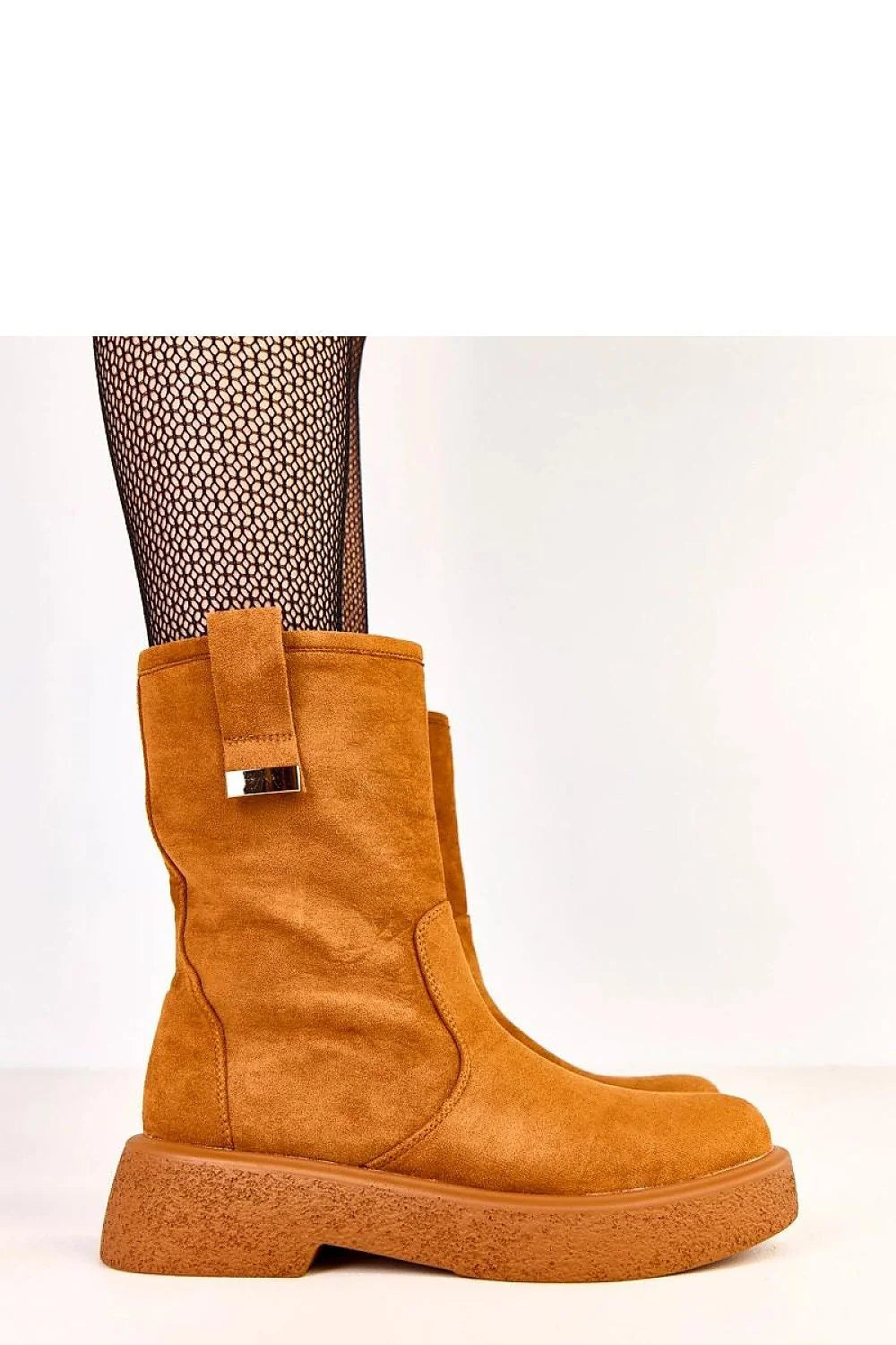 bottines mi mollet camel daim suédé écologique femme bout rond tige 19cm plateforme 5cm cognac semelle gomme antidérapante zippée métal