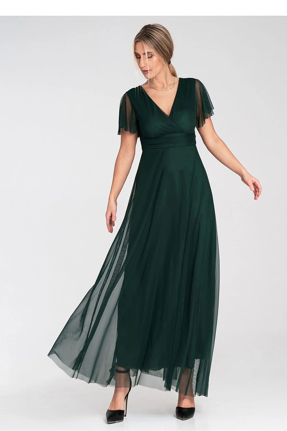 Robe de soirée élégante longue manches courtes vert émeraude décolleté en V croisé taille ajustable femme