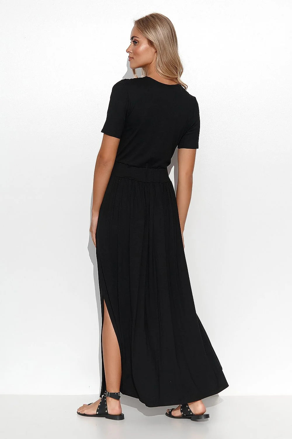 Robe de jour élégante longue manches courtes décolleté en V croisé noir kaki beige silhouette en sablier femmes