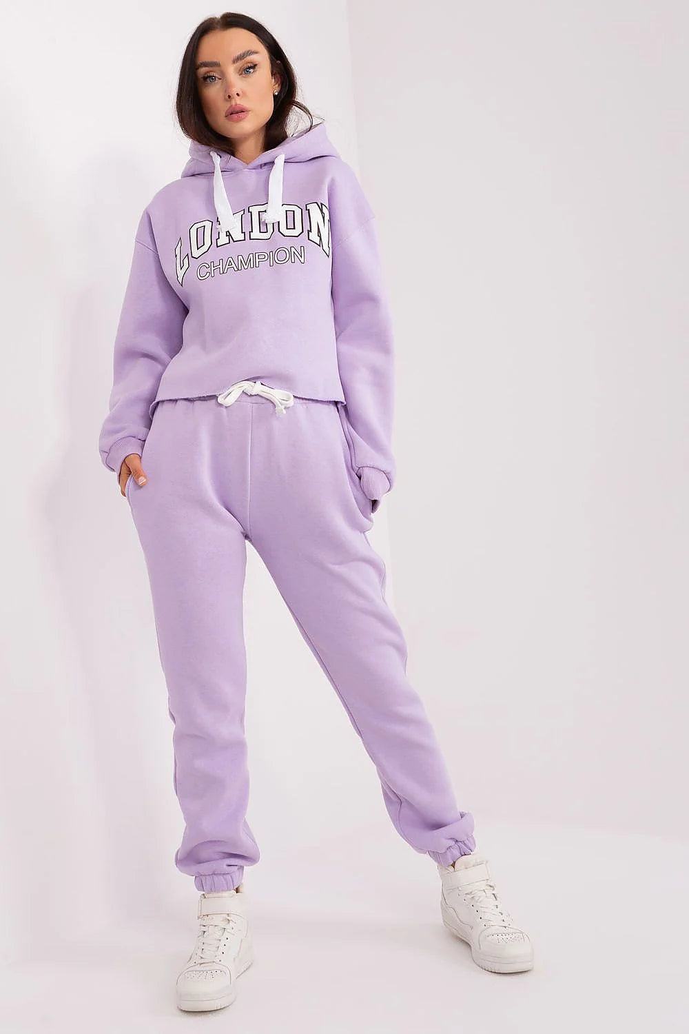 Ensemble de survêtement pour femme style urbain couleur lavande matériau en coton sweat à capuche joggers à cordon