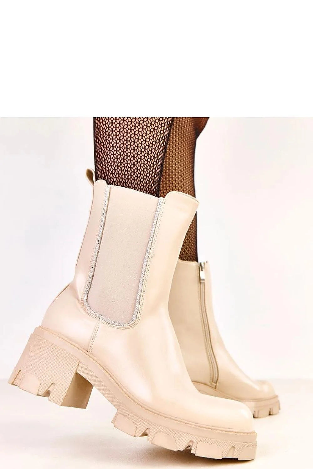 bottines femme chelsea cuir synthétique beige bout rond talon bloc semelle crantée antidérapante bande élastique strass zippée doublure chaude confortable