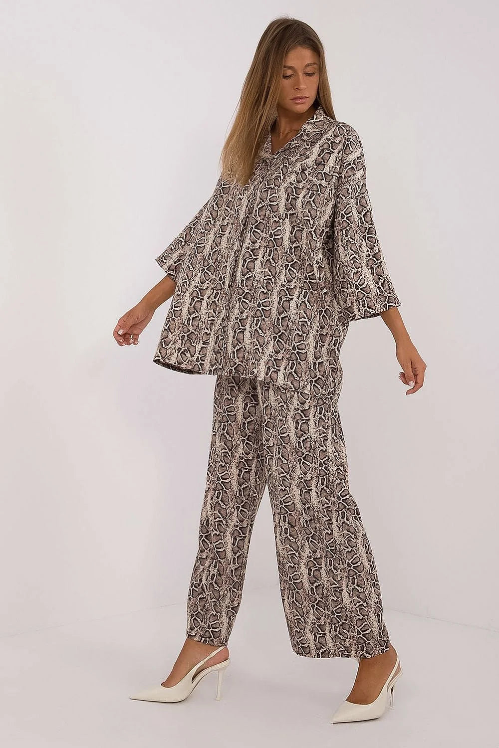 Ensemble chemise et pantalon large Italy Moda style décontracté pour femme, imprimé peau de serpent beige marron, confort élastique taille