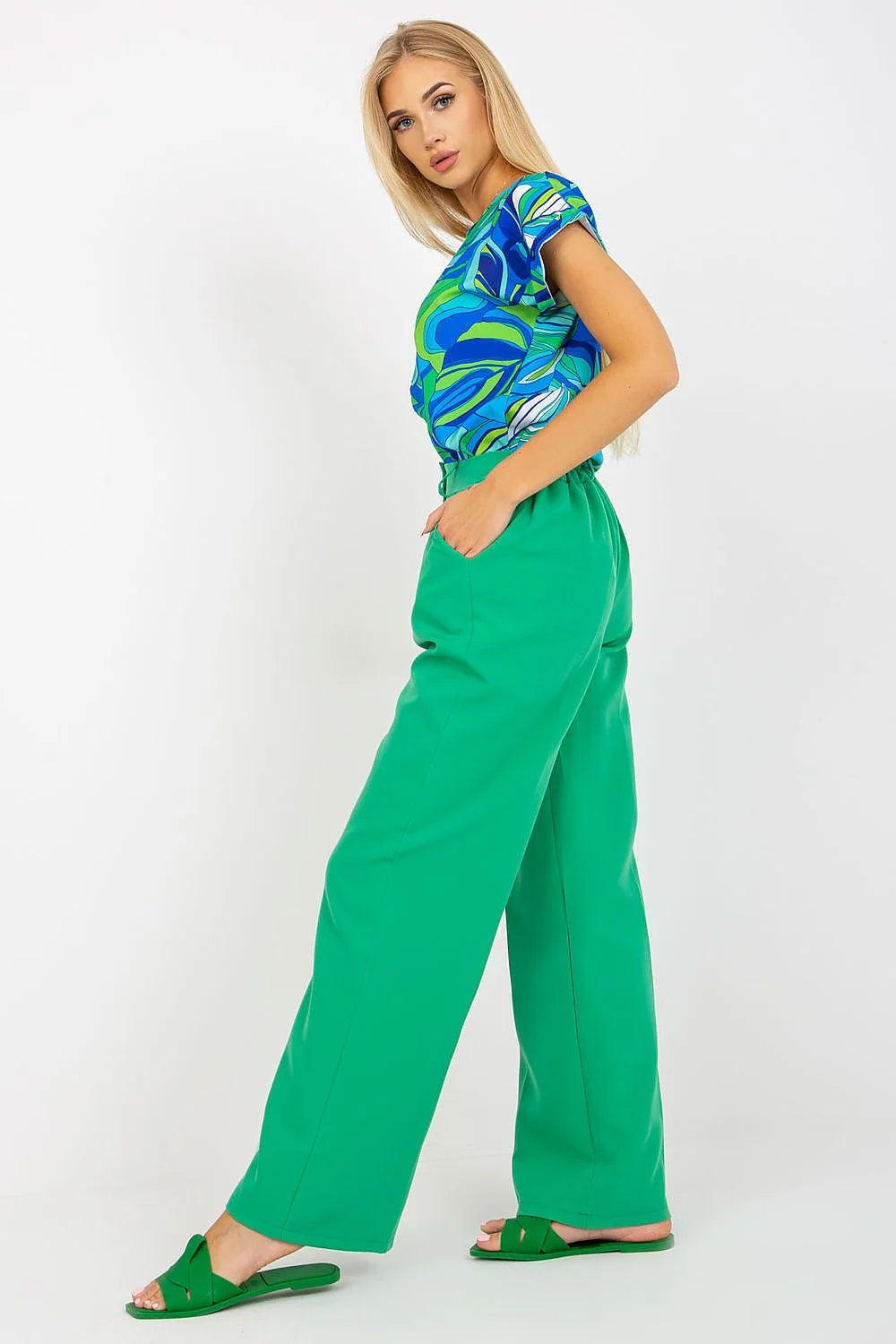 Pantalon femme Italy Moda avec chemisier imprimé floral, blanc, taille haute, élasthanne, polyester, occasion estivale, style chic, coupe évasée