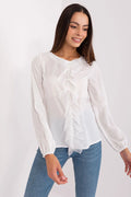 blouse blanche mousseline transparente manches longues col rond poignets elastiques coupe droite volants centraux perles decoratives