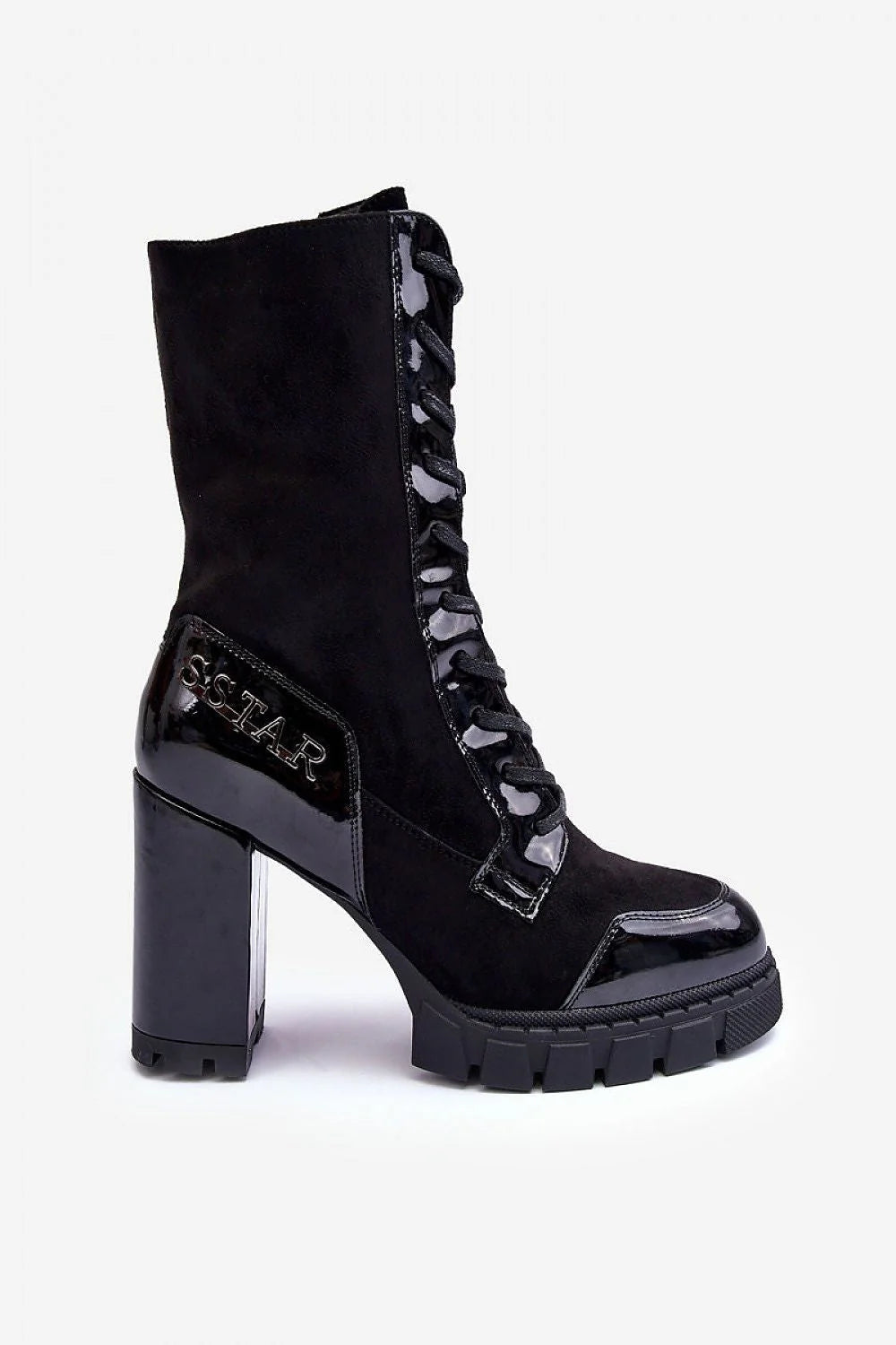 Bottes à talons pour femmes cuir et daim style combat talon carré noir tige haute écolabellisée urbain
