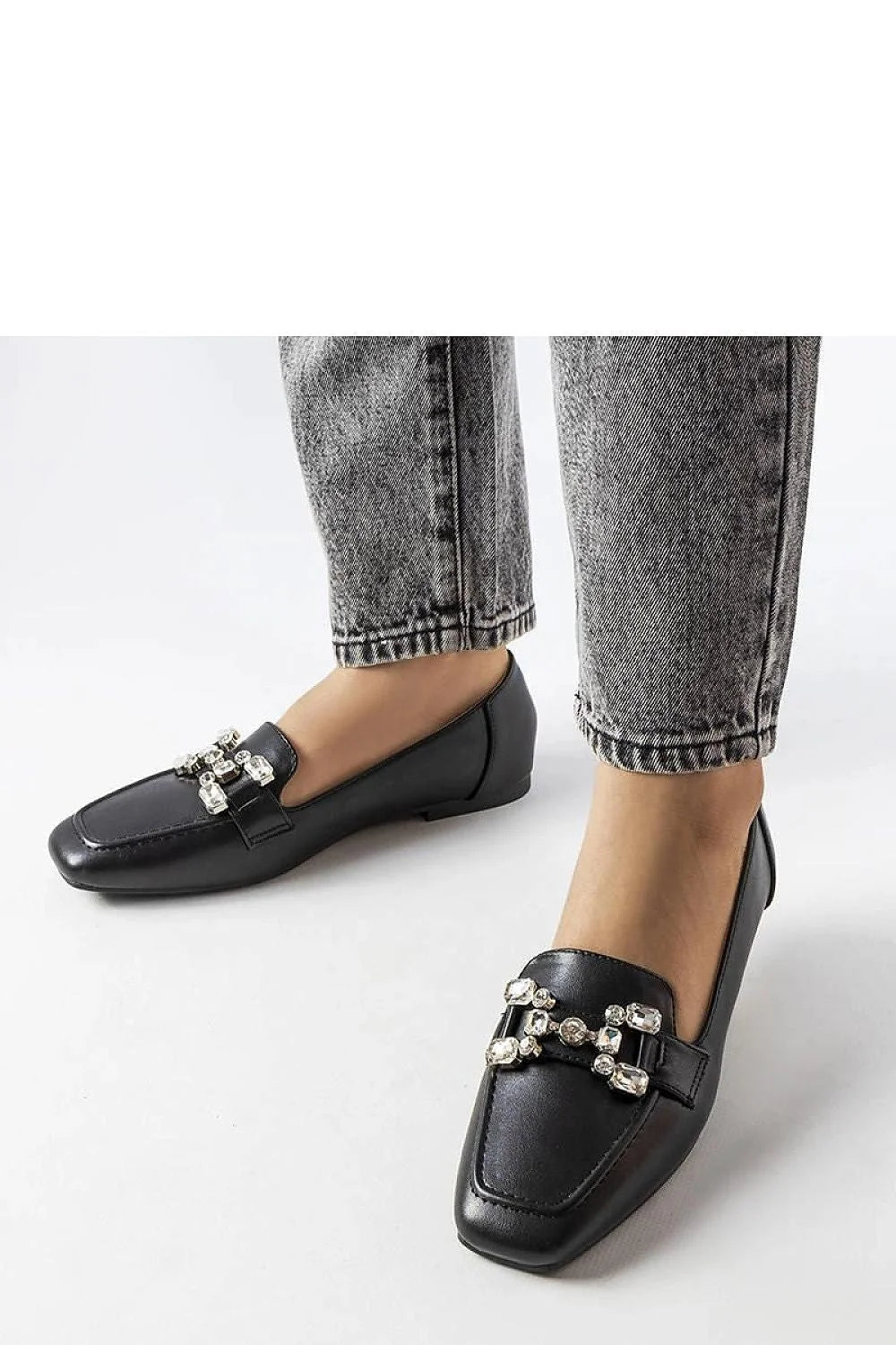 Moccasins élégants pour femmes en cuir écologique noir zircons ornementés bas talon confortable occasionnels formels semi-formels Marechal