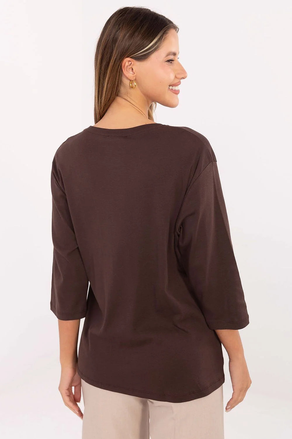 chemisier femme casual manches trois quarts col rond classique jersey maille légère marron chocolat coupe droite fluide confortable coton élasthanne