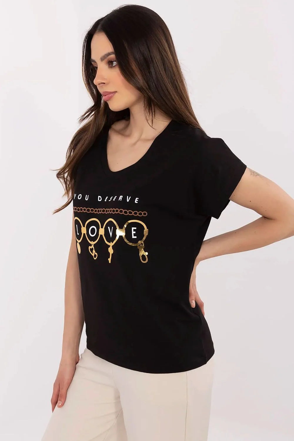 T-shirt femme noir col en V design graphique doré YOU DESERVE LOVE coton élasthanne coupe ample manches courtes