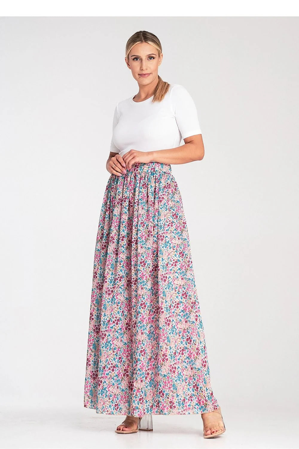 Jupe longue fleurie deux pièces taille haute tissu fluide viscose polyester femme été printemps