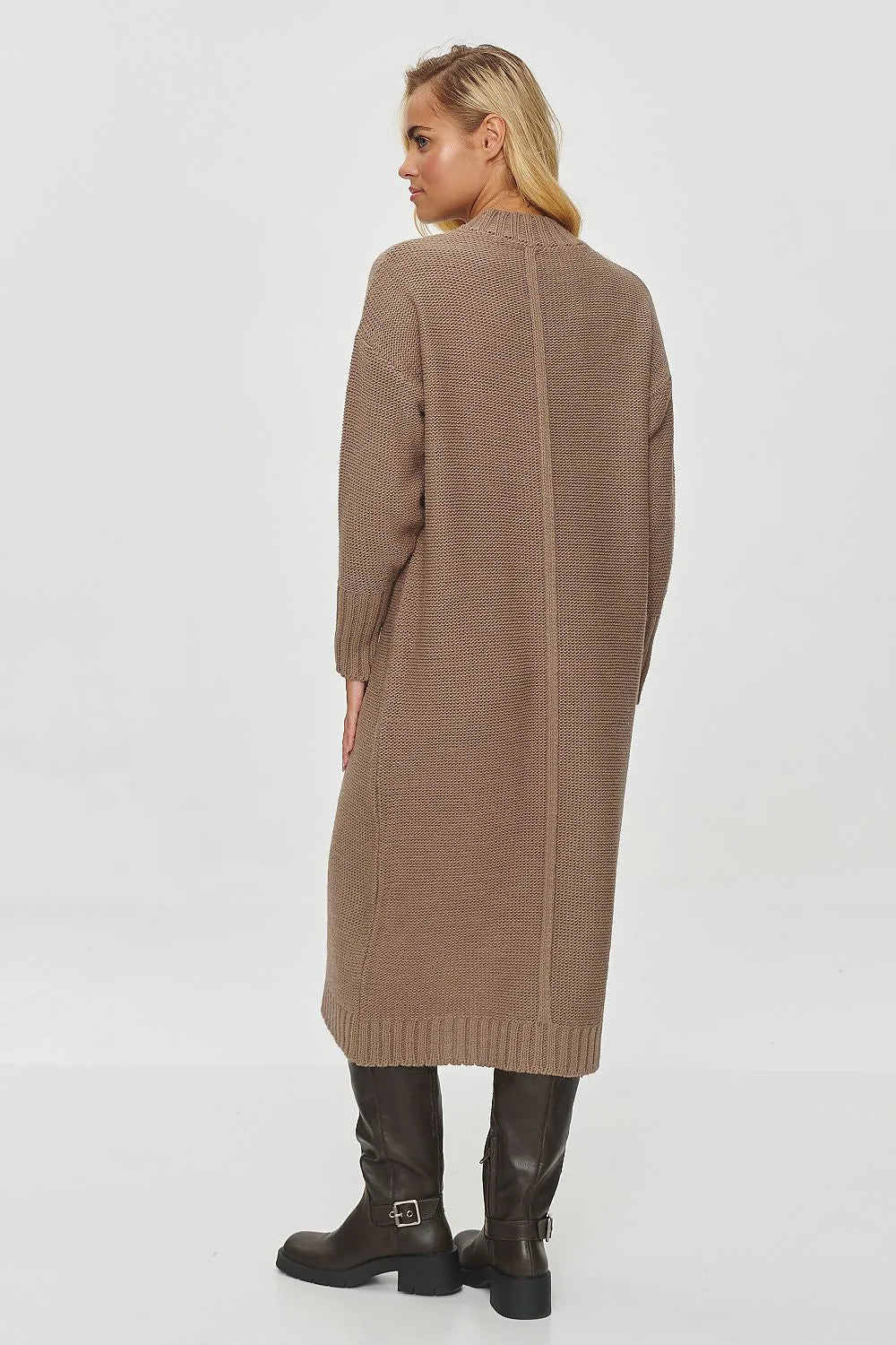 Robe de jour Makadamia longue maille manches longues col montant côtelé couleur taupe femme