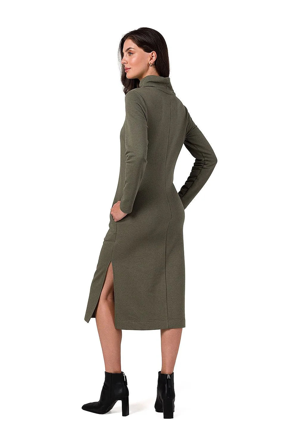 Robe de jour Be Wear élégante longueur midi manches longues couleur kaki maille coton structurée poches latérales fente côté femme