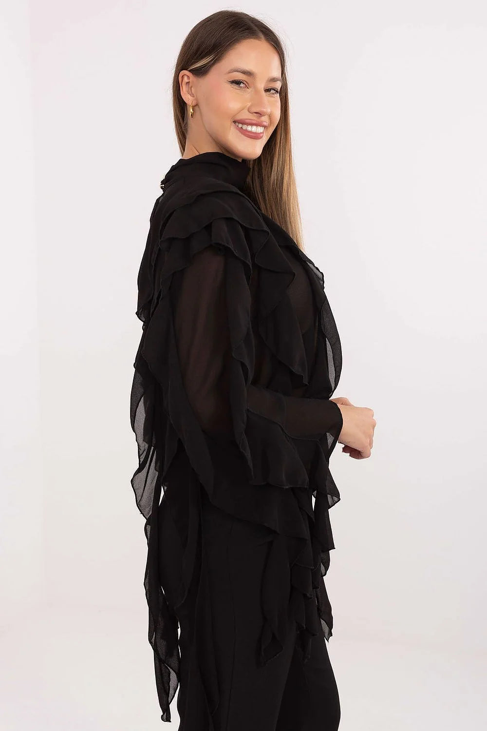 chemise femme élégante viscose polyester stretch douce ajustée manches longues col roulé boutons volants dos devant romantique polyvalente
