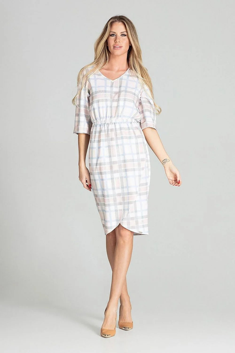 robe midi femme bleu ciel manches trois quarts col rond taille élastique jupe portefeuille asymétrique coupe blousante cintrée