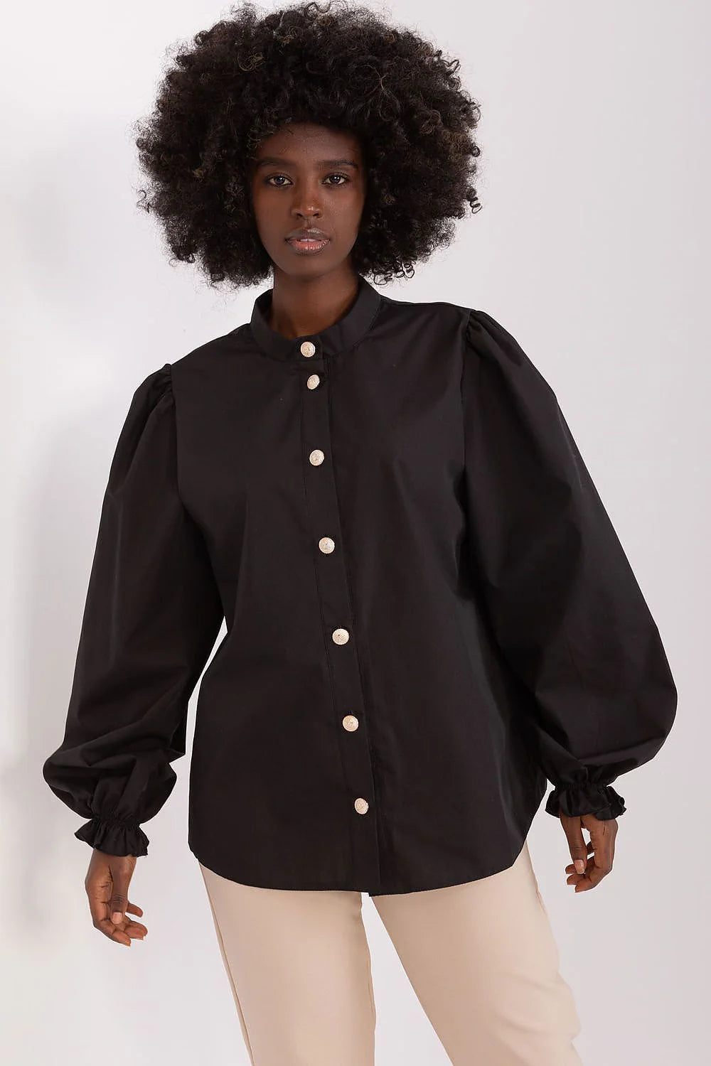 Chemise élégante pour femmes manches longues col montant bouffantes soie coton noir tailles S à XL