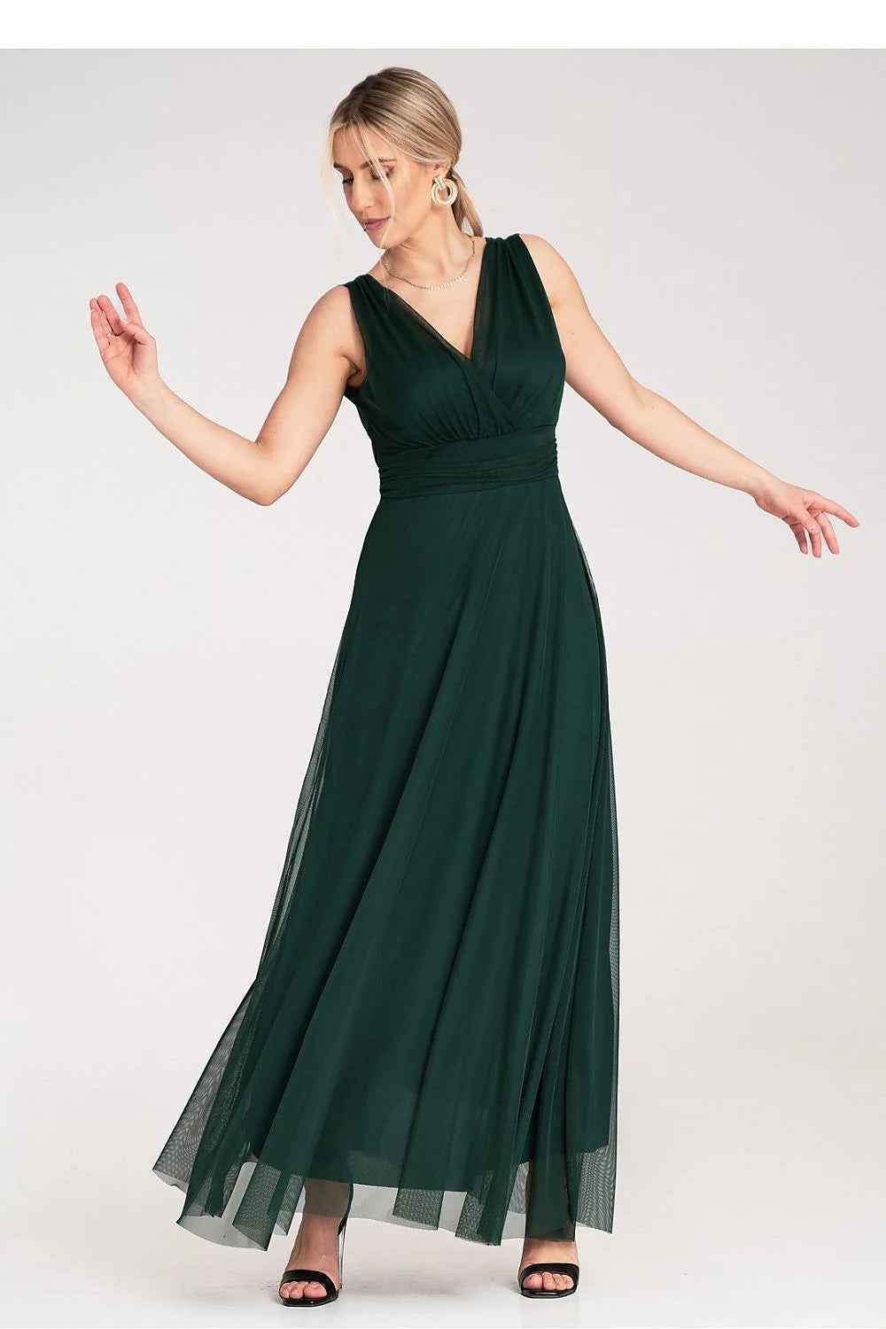 Robe de soirée élégante sans manches vert foncé dos nu empire taille haute femme