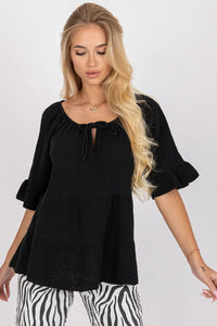 Chemisier coton 100 noir design élégant moderne coupe ample col noué manches trois-quarts volants style chic décontracté femme