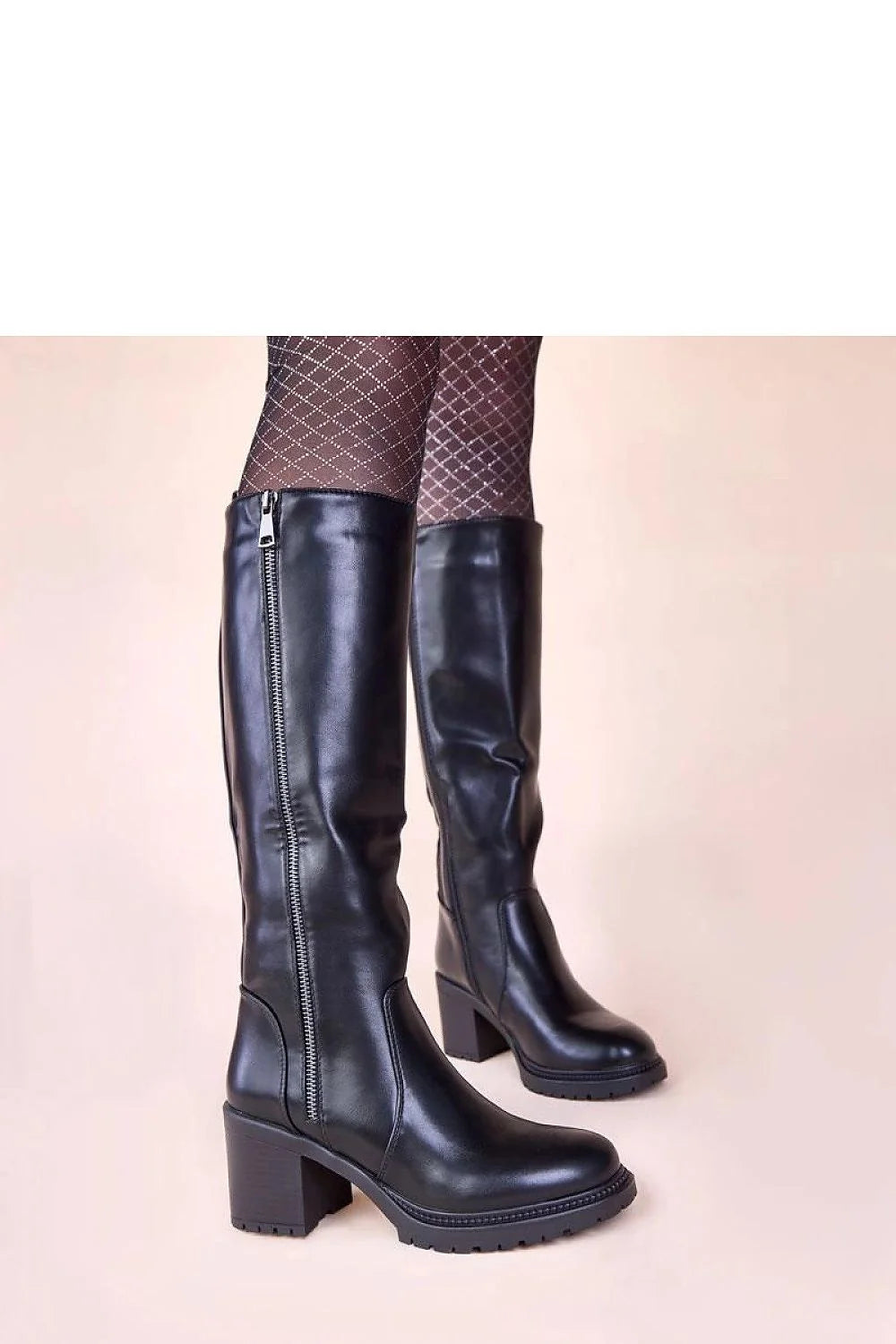 bottes montantes noires simili cuir tige haute genou talon bloc 7cm bout rond fermeture eclair latérale semelle crantée
