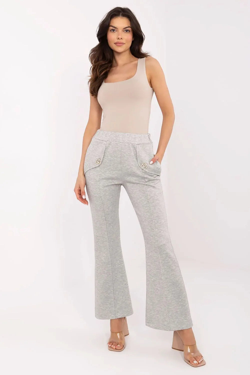 pantalon survêtement ItalyModa femme taille haute flare évasé gris chiné doux extensible élastique poches latérales boutons dorés coutures chic