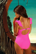Maillot de bain une pièce rose vif dos nu bretelles à volants ajusté soutien-gorge dos fermé cœur effet ferme sensuel plage piscine