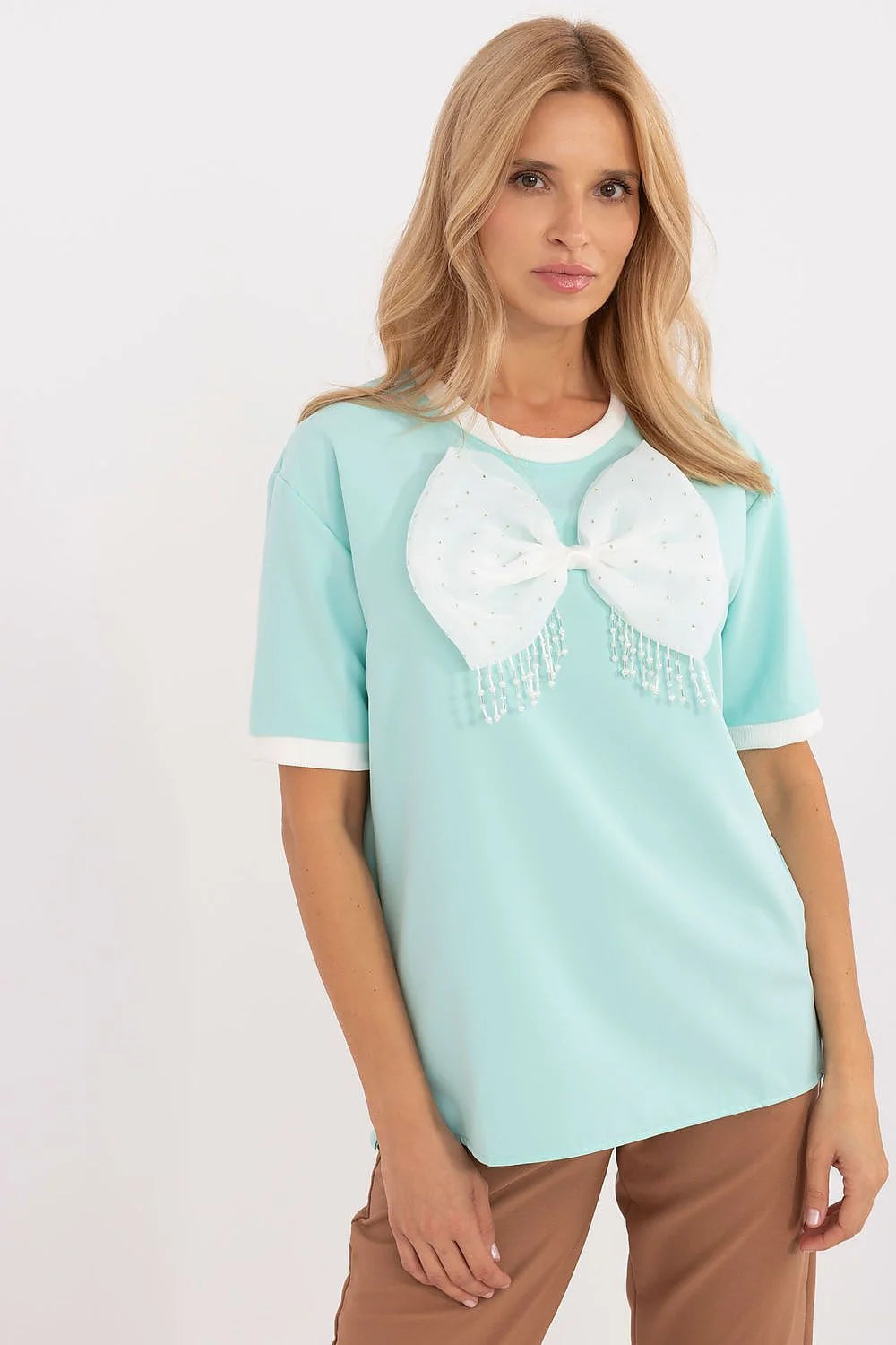 chemisier femme oversize manches courtes mint pastel col rond bordcotes blancs grand noeud papillon strass franges perles fluide