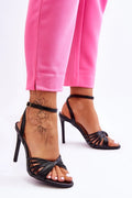 sandales talons aiguilles femme cuir artificiel noires brides croisées torsadées cheville métallique dorée réglable bout ouvert semelle plantaire confortable