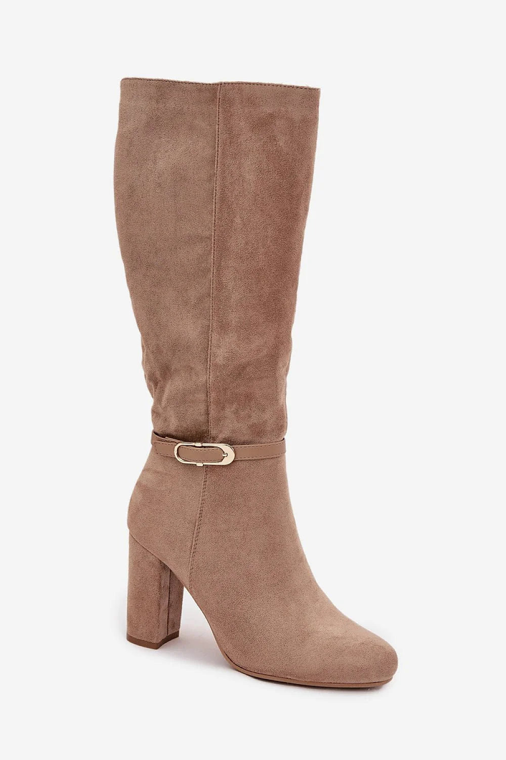 bottes femme suède effet daim taupe genou bout arrondi talon colonne maintien bride boucle dorée fermeture éclair latérale doublure chaude