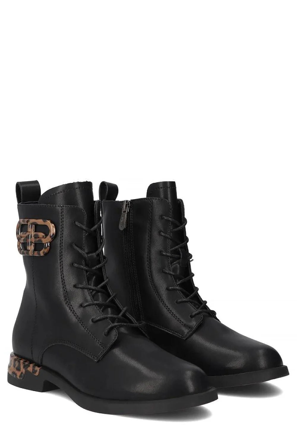 bottines femme cuir naturel noir motif léopard discret Ricka Filippo cheville talon bloc bout pointu lacets zip latéral boucle dorée