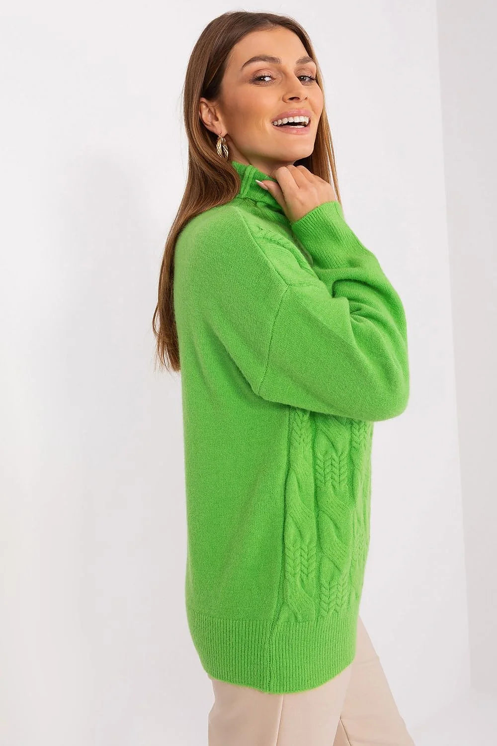 Pull en maille torsadé pour femmes col montant couleur verte vif manches longues coupe ample automne hiver vêtement confortable élégant