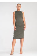 robe Figl midi ajustée sans manches col montant vert olive viscose elastane jersey stretch minimaliste élégant confortable polyvalent