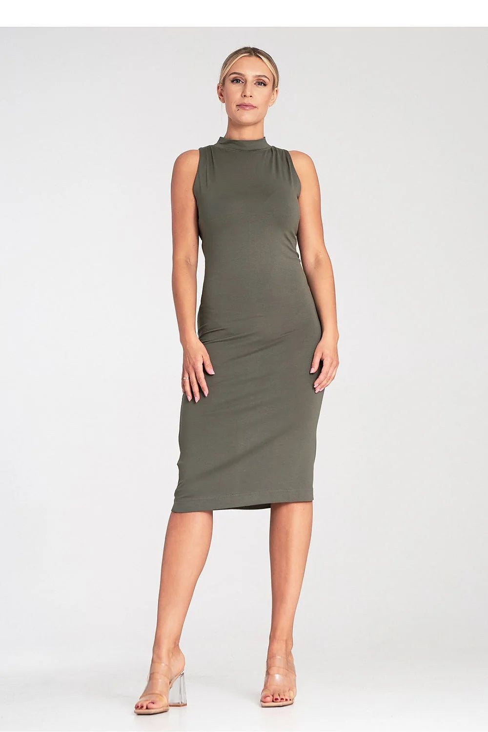 robe Figl midi ajustée sans manches col montant vert olive viscose elastane jersey stretch minimaliste élégant confortable polyvalent